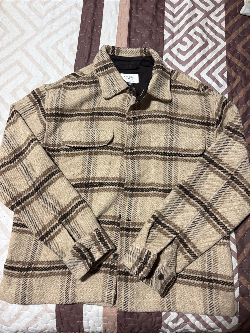 American Eagle Outfitters Beige and Brown Plaid Shirt Jacket